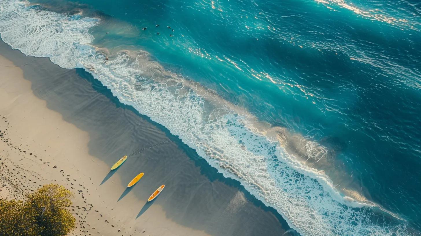 a serene, sun-kissed beach at playa blanca, featuring pristine white sand and inviting turquoise waters, framed by gently rolling waves and a few scattered surfboards along the shore, capturing the essence of costa rica's hidden coastal treasures.