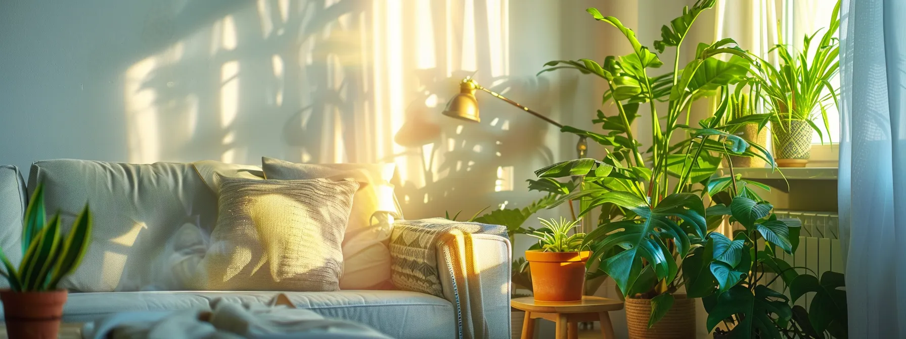 a serene, sunlit living room showcasing pristine white walls and vibrant greenery, emphasizing the contrast between a mold-free environment and the dark, textured patches of mold hidden behind the furniture, symbolizing the importance of mold remediation and prevention.