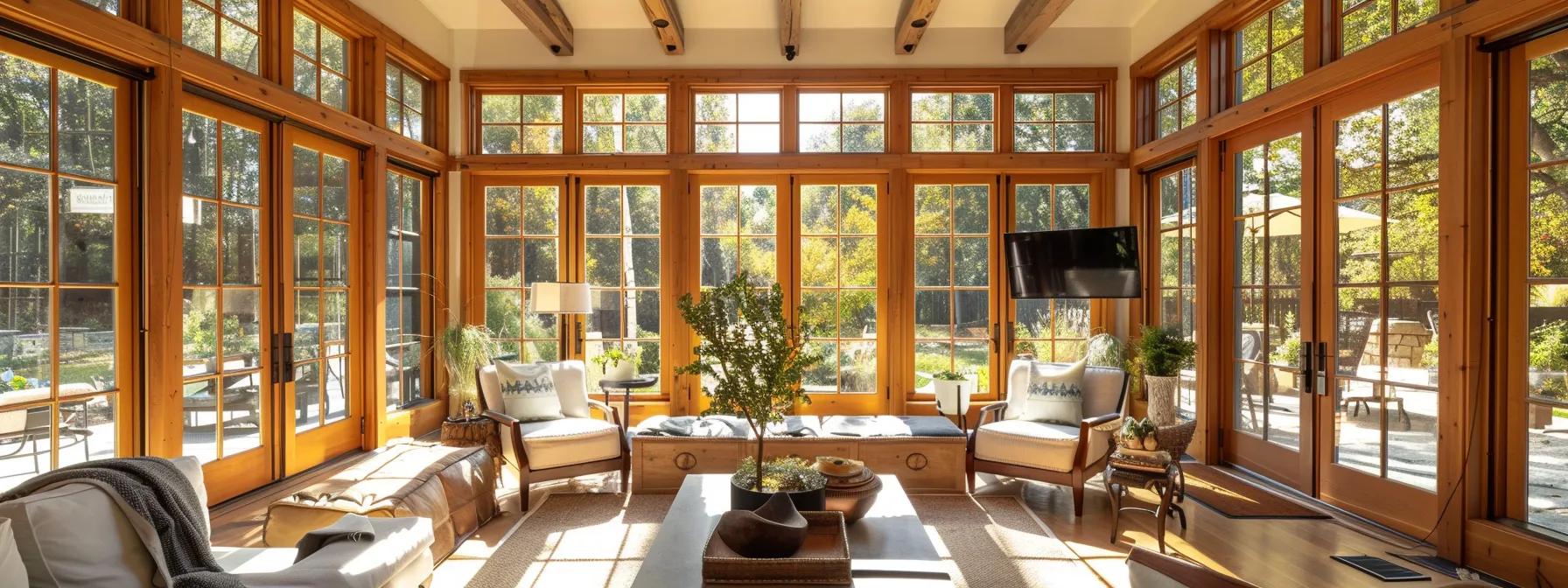 a serene sunroom adorned with expansive glass windows, flooding the space with natural light, featuring elegant wooden frames and tasteful decorative accents that evoke a warm, inviting farmhouse aesthetic. a serene sunroom adorned with expansive glass windows, flooding the space with natural light, featuring elegant wooden frames and tasteful decorative accents that evoke a warm, inviting farmhouse aesthetic.