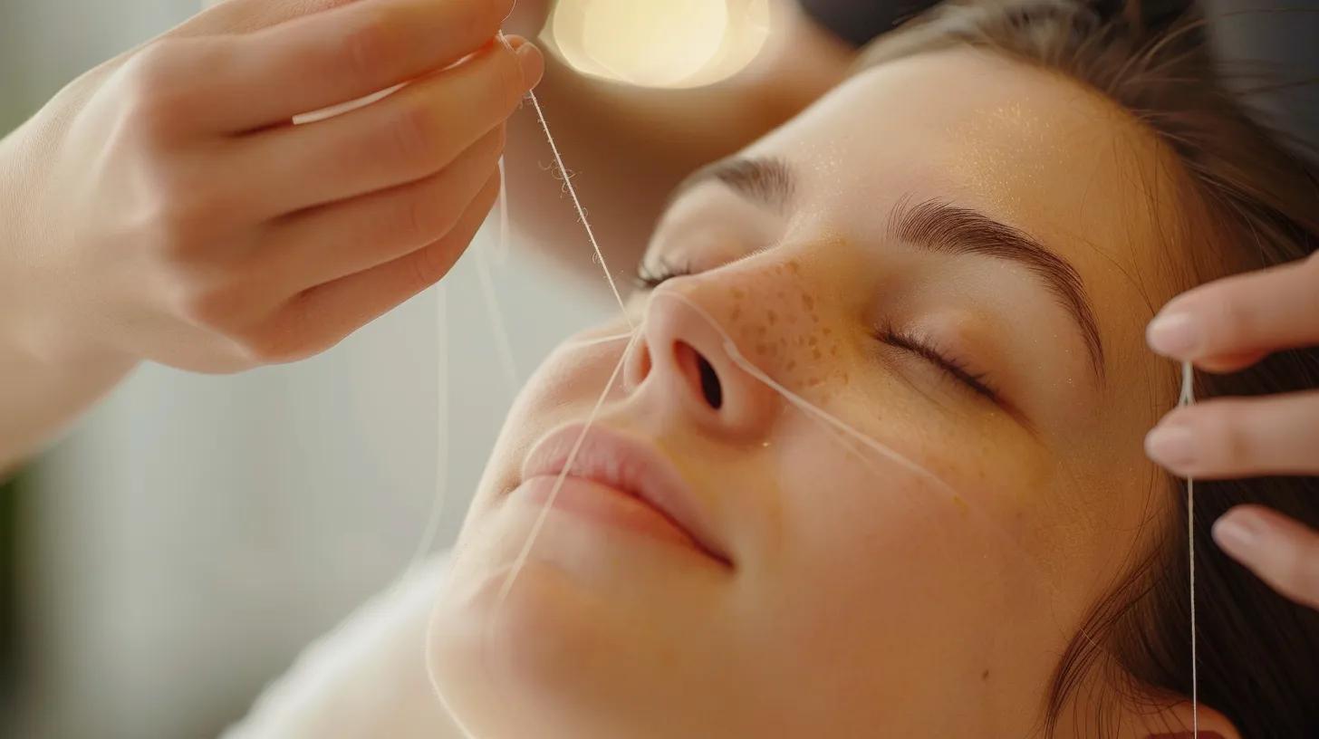 a serene, upscale threading salon showcases an expert aesthetician skillfully using a twisted thread to groom a client's facial hair, surrounded by soothing, minimalist decor that emphasizes a calm atmosphere for sensitive skin care.