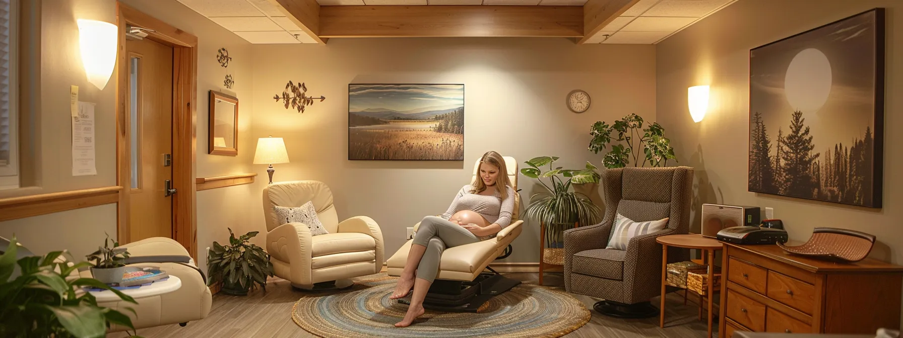 a serene, warmly-lit chiropractic clinic interior features a visibly pregnant woman comfortably receiving treatment on an adjustment table, surrounded by soothing decor that highlights the welcoming and supportive environment for expecting mothers. a serene, warmly-lit chiropractic clinic interior features a visibly pregnant woman comfortably receiving treatment on an adjustment table, surrounded by soothing decor that highlights the welcoming and supportive environment for expecting mothers.