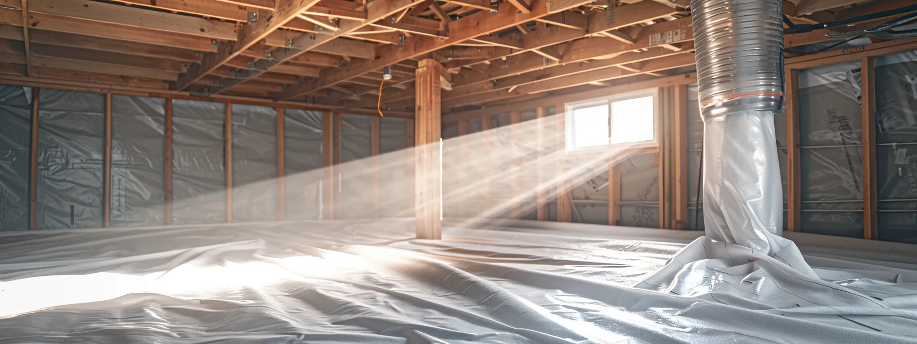 a serene, well-encapsulated crawlspace in fort mill, showcasing clean, moisture-free air and bright white vapor barriers, illuminated by soft, natural light filtering through a vent, symbolizing energy efficiency and long-term home protection.