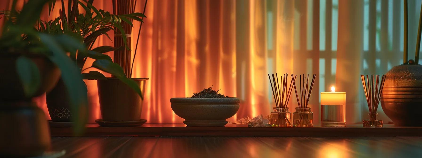 a serene wellness studio, softly illuminated by warm light, features elegantly arranged herbal oils and calming incense sticks, creating an inviting atmosphere for practicing ayurvedic stress relief methods focused on inner peace. a serene wellness studio, softly illuminated by warm light, features elegantly arranged herbal oils and calming incense sticks, creating an inviting atmosphere for practicing ayurvedic stress relief methods focused on inner peace.