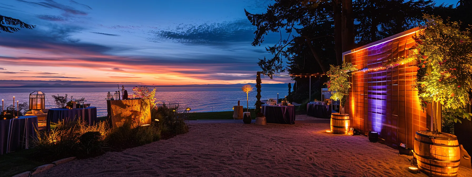 a serene whidbey island backdrop features a stylishly arranged corporate event setup, with a vibrant photo booth illuminated by soft, ambient lighting, inviting guests to create lasting memories. a serene whidbey island backdrop features a stylishly arranged corporate event setup, with a vibrant photo booth illuminated by soft, ambient lighting, inviting guests to create lasting memories.