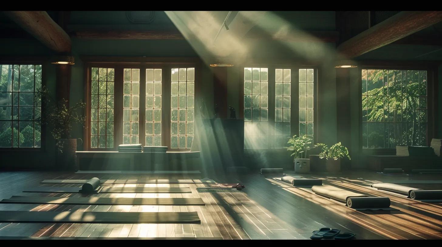 a serene yoga studio bathed in soft, natural light showcases an array of meticulously arranged yoga mats, inviting practitioners to thoughtfully assess their comfort and suitability for a transformative practice. a serene yoga studio bathed in soft, natural light showcases an array of meticulously arranged yoga mats, inviting practitioners to thoughtfully assess their comfort and suitability for a transformative practice.