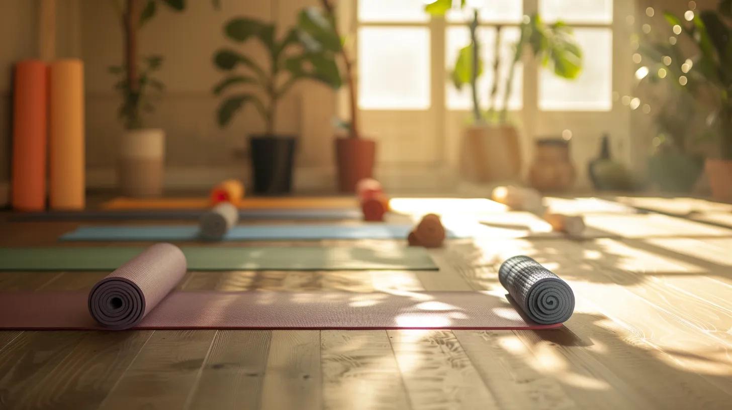 a serene yoga studio bathed in soft morning light, featuring a selection of vibrant, textured yoga mats made from natural materials neatly arranged, inviting practitioners to explore their ideal choice for comfort and stability. a serene yoga studio bathed in soft morning light, featuring a selection of vibrant, textured yoga mats made from natural materials neatly arranged, inviting practitioners to explore their ideal choice for comfort and stability.