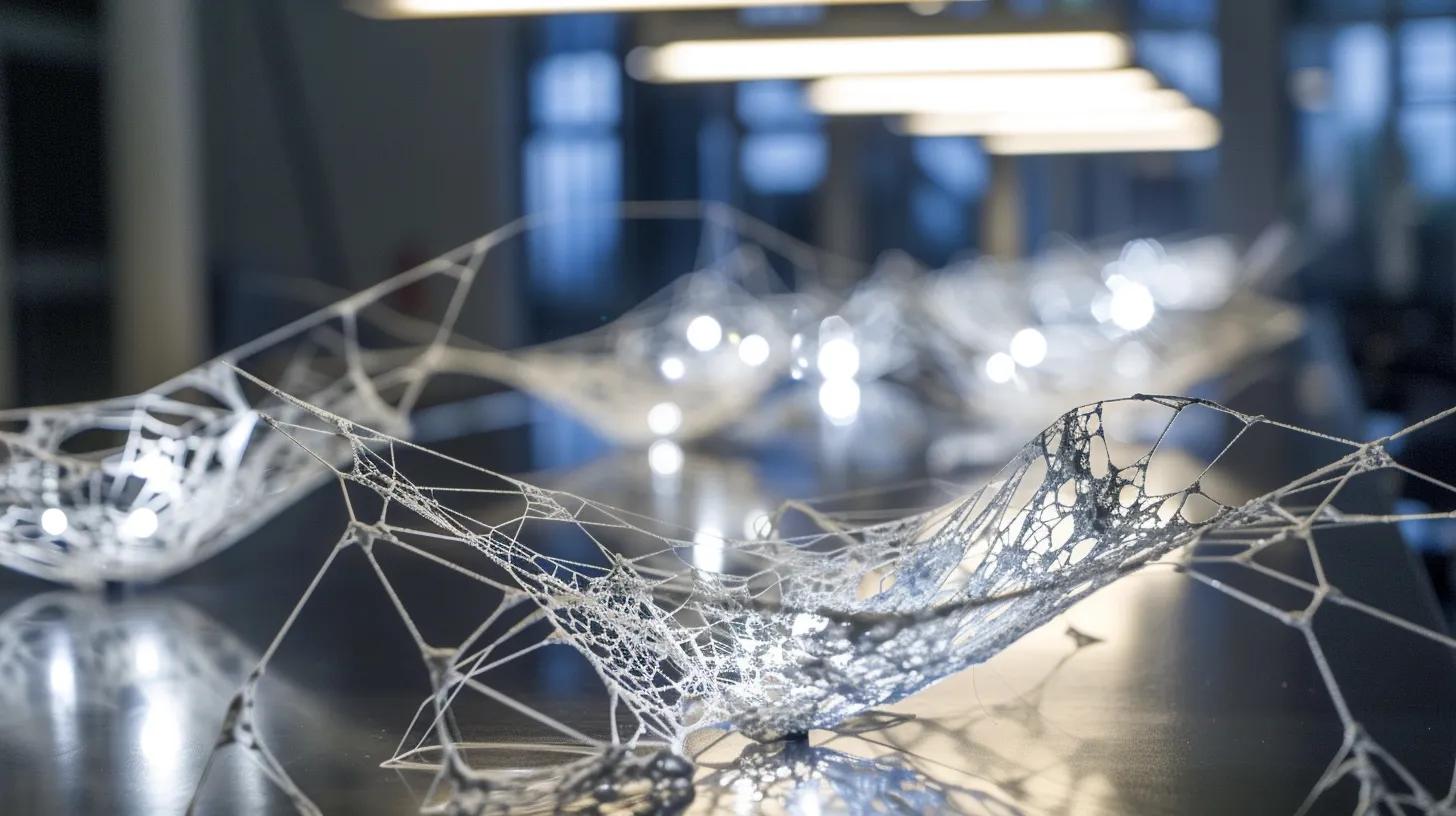 a sharp-focus close-up of intricate spider webs displayed on a sleek office desk, illuminated by bright overhead lights, highlighting their unique patterns and textures to emphasize the analysis of web designs and the clues they offer about their creators. a sharp-focus close-up of intricate spider webs displayed on a sleek office desk, illuminated by bright overhead lights, highlighting their unique patterns and textures to emphasize the analysis of web designs and the clues they offer about their creators.