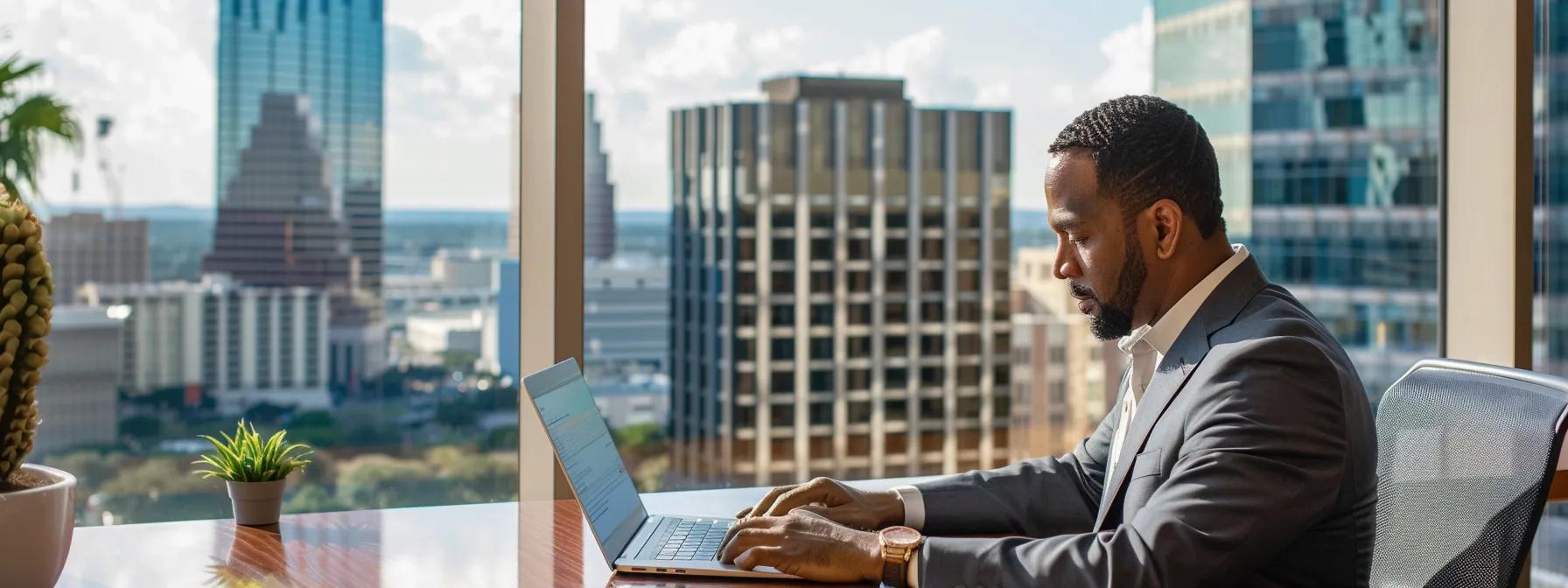 a sharp and modern office setting features a focused business professional analyzing detailed roofing quotes on a sleek laptop, with a large window showcasing the san antonio skyline in the background. a sharp and modern office setting features a focused business professional analyzing detailed roofing quotes on a sleek laptop, with a large window showcasing the san antonio skyline in the background.