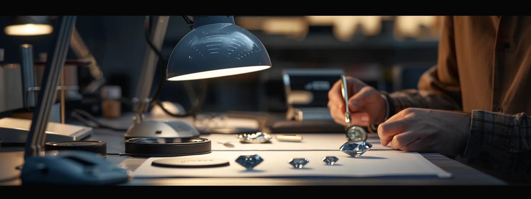 a sharp, detailed close-up of a person inspecting a brilliant sapphire under a bright, focused desk lamp in a modern office, surrounded by simple testing tools and a magnifying glass on a sleek work surface.