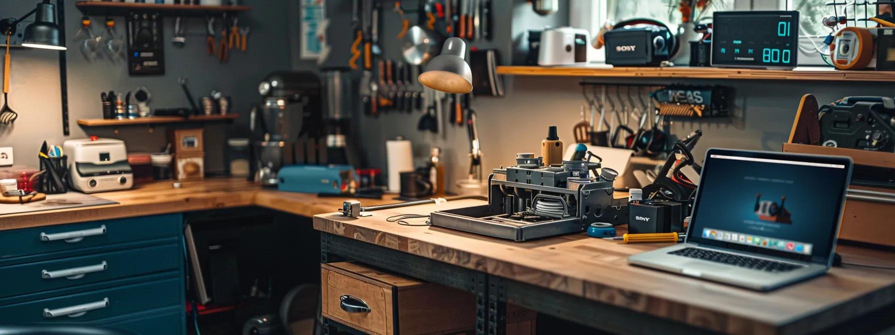 a sharp, focused image captures a cluttered kitchen countertop featuring a partially disassembled garbage disposal unit beside a sleek toolbox, juxtaposed against a laptop displaying plumbing repair tutorials, symbolizing the choice between diy repairs and professional assistance. a sharp, focused image captures a cluttered kitchen countertop featuring a partially disassembled garbage disposal unit beside a sleek toolbox, juxtaposed against a laptop displaying plumbing repair tutorials, symbolizing the choice between diy repairs and professional assistance.