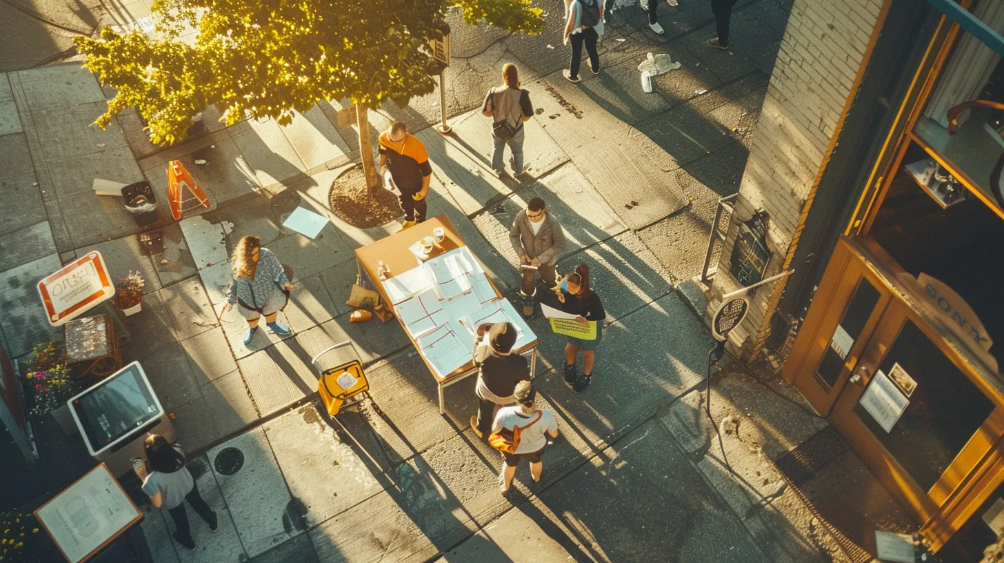 a sharp, high-angle view of a bustling portland street showing a diverse group of homeowners gathered around a city office, examining blueprints and document folders in a sunlit urban landscape, representing the process of obtaining a demolition permit.