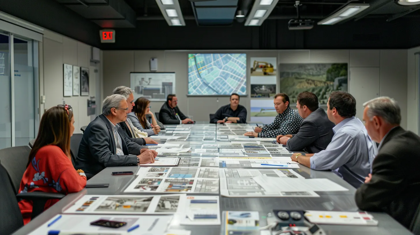 a sharply focused conference room scene showcases a diverse group of professionals engaged in a lively discussion about commercial excavation projects, with detailed plans and diagrams spread out on the sleek conference table, highlighting the importance of precise project planning and collaboration.