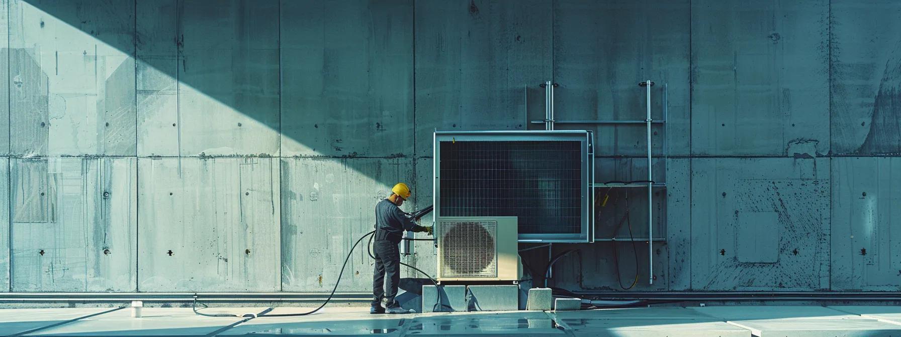 a sharply focused image of a skilled technician expertly installing an outdoor condenser unit on a concrete pad, surrounded by neatly arranged wiring and refrigerant lines, set against the backdrop of a modern urban building to emphasize the importance of precision and efficiency in hvac systems. a sharply focused image of a skilled technician expertly installing an outdoor condenser unit on a concrete pad, surrounded by neatly arranged wiring and refrigerant lines, set against the backdrop of a modern urban building to emphasize the importance of precision and efficiency in hvac systems.