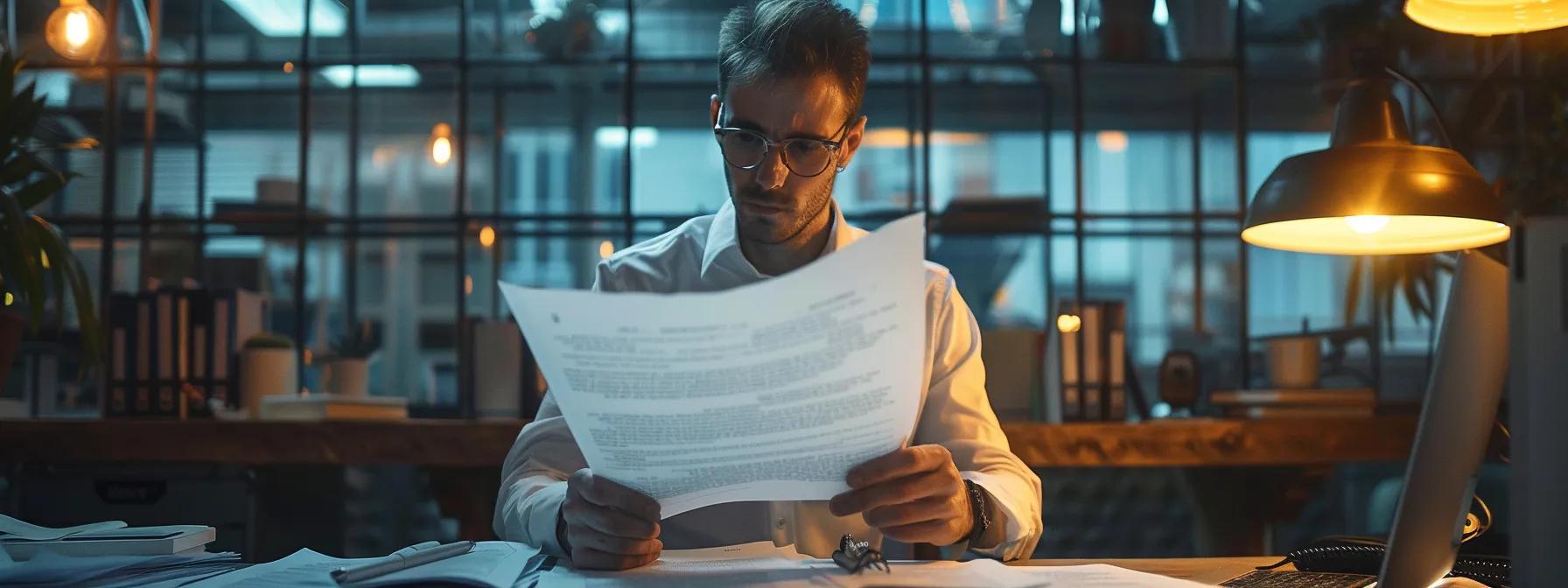 a sharply focused, urban office scene captures a professional notary public meticulously reviewing important documents under bright, artificial lighting, conveying an atmosphere of trust and diligence in safeguarding against fraud. a sharply focused, urban office scene captures a professional notary public meticulously reviewing important documents under bright, artificial lighting, conveying an atmosphere of trust and diligence in safeguarding against fraud.