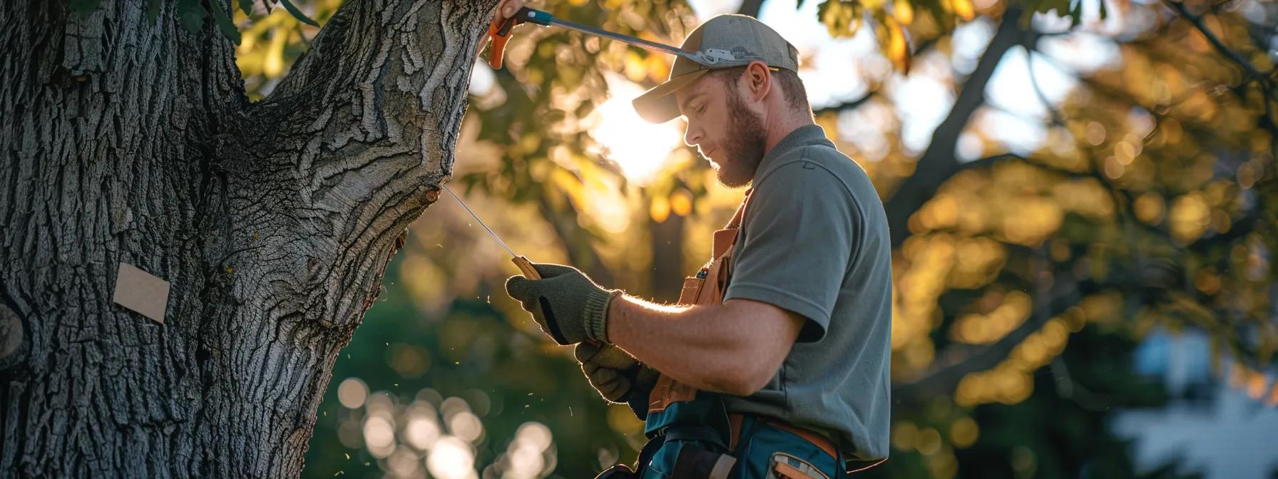 a skilled arborist meticulously evaluating a mature tree in an urban park during the golden hour, surrounded by pruning tools and notes, highlighting the importance of optimal timing in tree trimming.