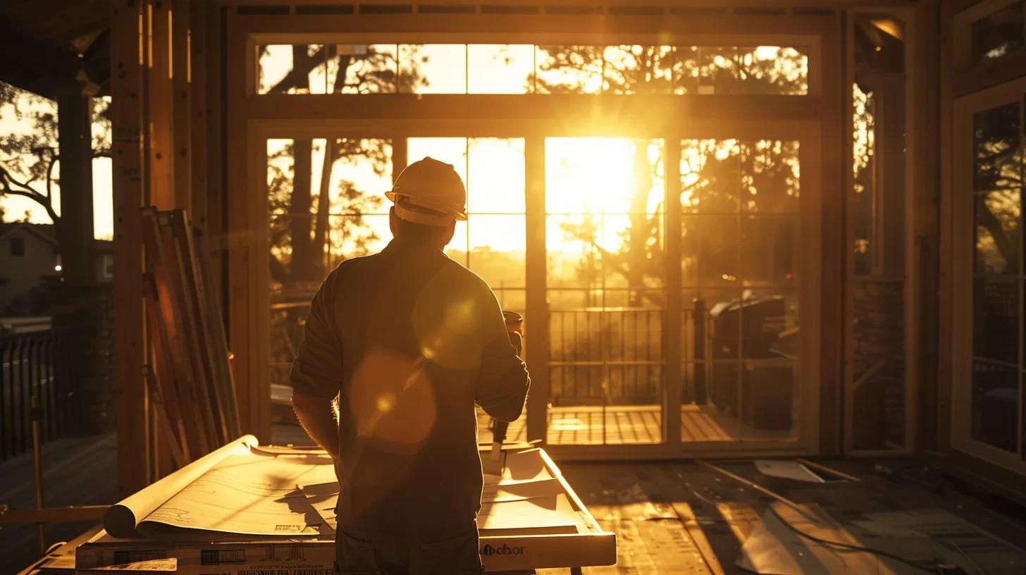 a skilled contractor expertly oversees the construction of a modern home, with clear blueprints and tools around, illuminated by warm sunlight filtering through a nearby window, symbolizing the importance of professionalism in building projects. a skilled contractor expertly oversees the construction of a modern home, with clear blueprints and tools around, illuminated by warm sunlight filtering through a nearby window, symbolizing the importance of professionalism in building projects.