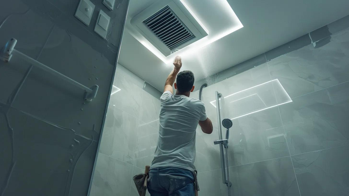 a skilled contractor in a modern bathroom setting meticulously installs a sleek soffit vent, highlighting precision tools and detailed work to ensure optimal airflow and moisture management. a skilled contractor in a modern bathroom setting meticulously installs a sleek soffit vent, highlighting precision tools and detailed work to ensure optimal airflow and moisture management.