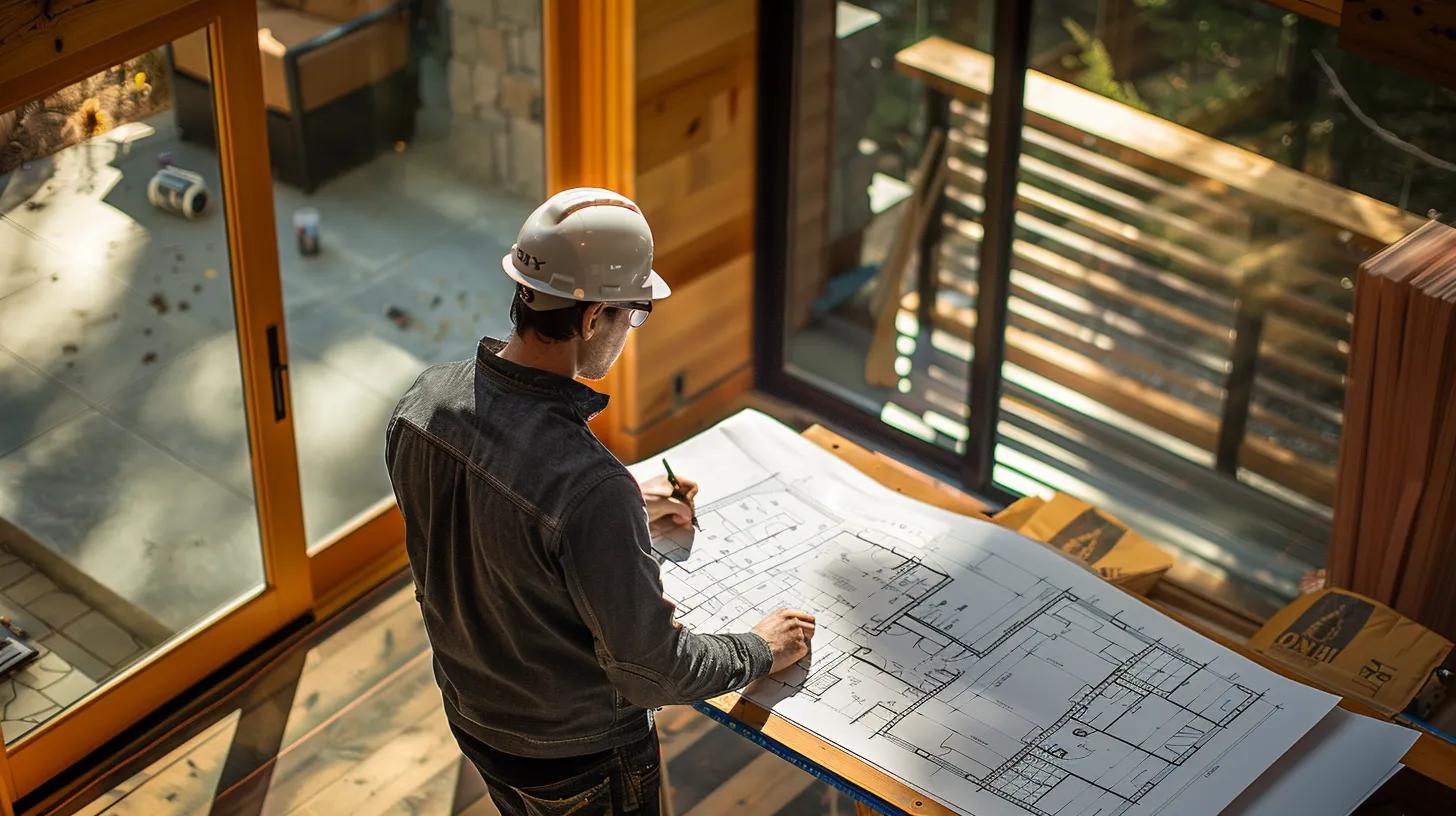 a skilled custom home builder meticulously reviews blueprints for a stunning modern house, surrounded by vibrant construction materials under soft, natural lighting that highlights their expertise and dedication. a skilled custom home builder meticulously reviews blueprints for a stunning modern house, surrounded by vibrant construction materials under soft, natural lighting that highlights their expertise and dedication.