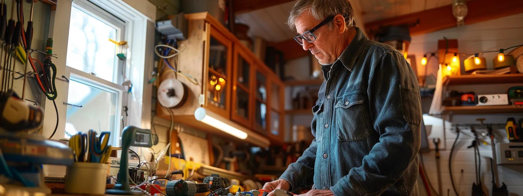 a skilled electrician conducts a thorough inspection in a vintage cape cod home, surrounded by an array of modern tools and advanced electrical components, emphasizing the transformation from outdated systems to contemporary smart home technology, all under bright, focused artificial lighting. a skilled electrician conducts a thorough inspection in a vintage cape cod home, surrounded by an array of modern tools and advanced electrical components, emphasizing the transformation from outdated systems to contemporary smart home technology, all under bright, focused artificial lighting.