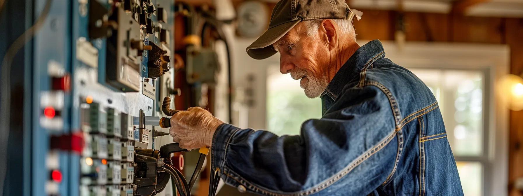 a skilled electrician inspects and works on a vintage electrical panel inside a charming, historic cape cod home, showcasing the blend of modern expertise and the unique architectural features that require specialized attention. a skilled electrician inspects and works on a vintage electrical panel inside a charming, historic cape cod home, showcasing the blend of modern expertise and the unique architectural features that require specialized attention.