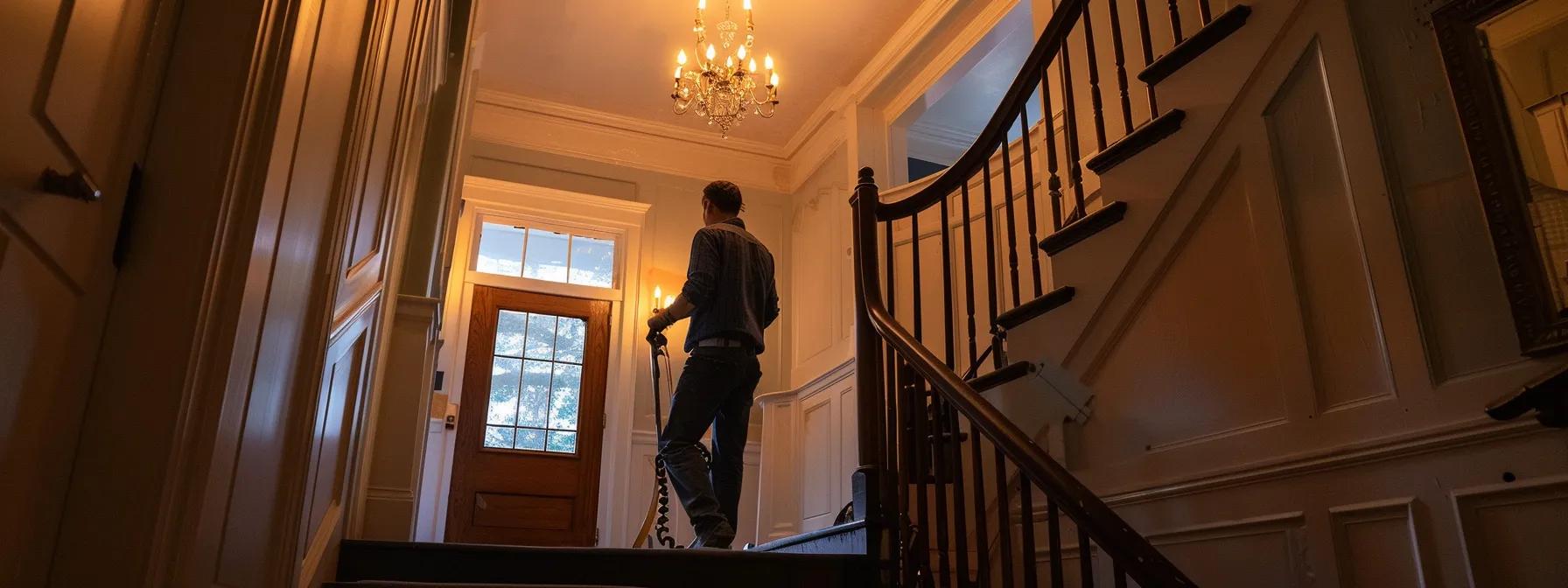 a skilled electrician meticulously installs advanced electrical solutions inside a charming, historic cape cod home, showcasing the elegant blend of modern technology and preserved architectural features under warm, ambient indoor lighting. a skilled electrician meticulously installs advanced electrical solutions inside a charming, historic cape cod home, showcasing the elegant blend of modern technology and preserved architectural features under warm, ambient indoor lighting.