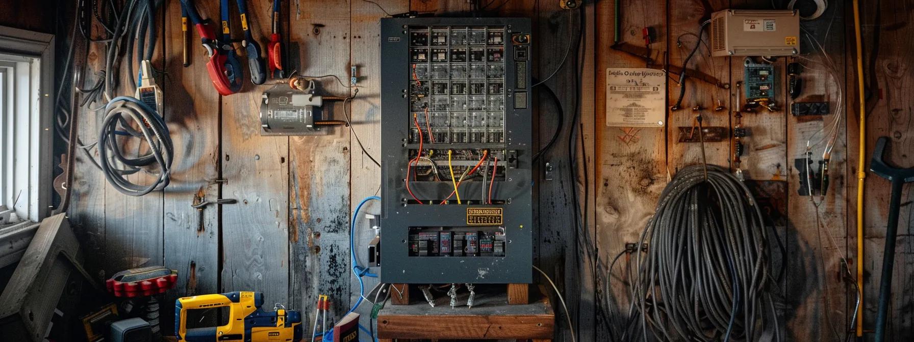 a skilled electrician meticulously modernizing an electrical panel within a rustic cape cod home, surrounded by tools and contemporary wiring materials, highlighting the essential blend of safety and modern technology in residential electrical services. a skilled electrician meticulously modernizing an electrical panel within a rustic cape cod home, surrounded by tools and contemporary wiring materials, highlighting the essential blend of safety and modern technology in residential electrical services.