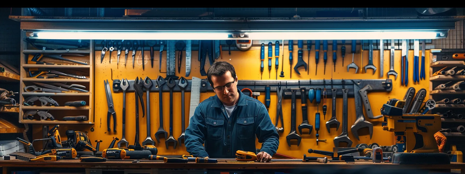 a skilled gardener in an organized urban tool shed meticulously inspects high-quality pruning tools, including secateurs, loppers, and pole saws, under bright overhead lights, emphasizing the importance of preparation and safety in tree care. a skilled gardener in an organized urban tool shed meticulously inspects high-quality pruning tools, including secateurs, loppers, and pole saws, under bright overhead lights, emphasizing the importance of preparation and safety in tree care.
