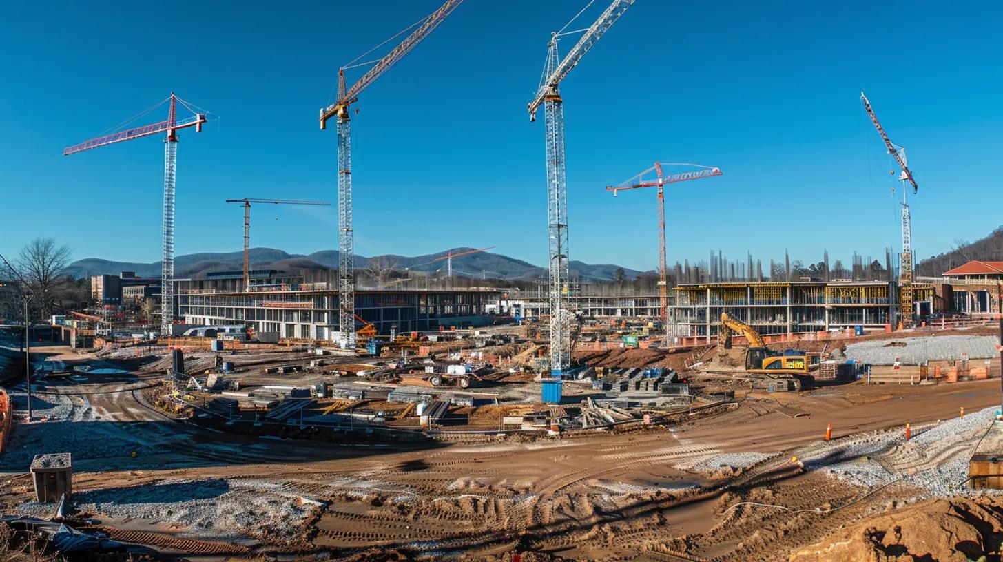 a skilled general contractor oversees a bustling construction site in knoxville, tn, with towering cranes against a clear blue sky, symbolizing progress and essential expertise in project development.