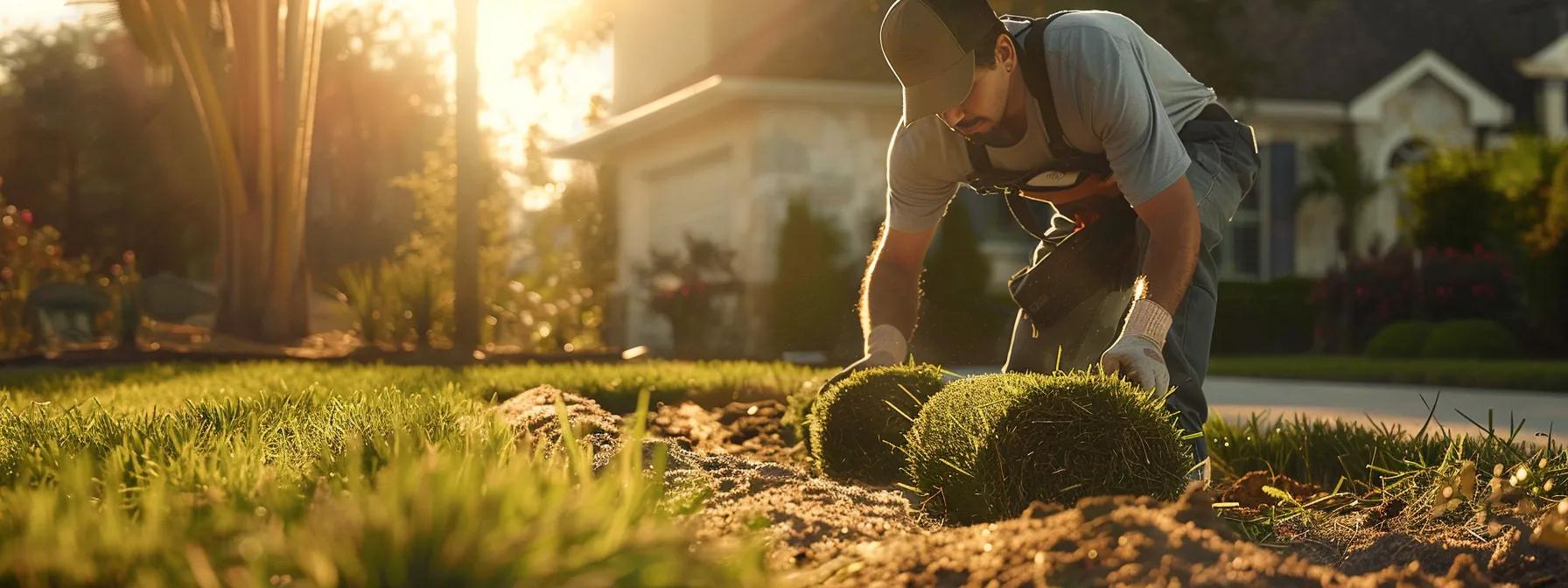 a skilled landscaping expert meticulously installs freshly rolled sod on a precisely graded urban lawn, showcasing advanced techniques and detailed care under the warm orlando sun, captured in sharp focus with a professional dslr camera. a skilled landscaping expert meticulously installs freshly rolled sod on a precisely graded urban lawn, showcasing advanced techniques and detailed care under the warm orlando sun, captured in sharp focus with a professional dslr camera.