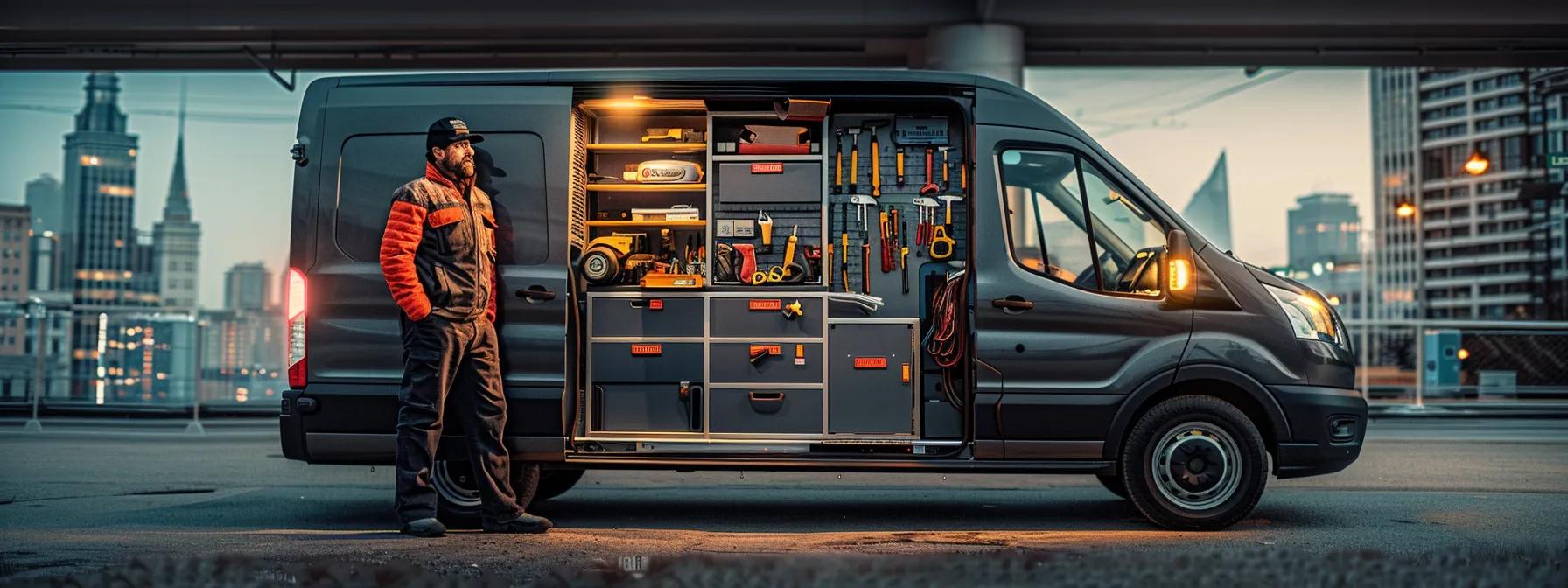 a skilled mobile locksmith stands confidently beside an organized van filled with advanced tools and technology, set against a sleek urban backdrop, showcasing the precision and innovation integral to modern locksmith services. a skilled mobile locksmith stands confidently beside an organized van filled with advanced tools and technology, set against a sleek urban backdrop, showcasing the precision and innovation integral to modern locksmith services.