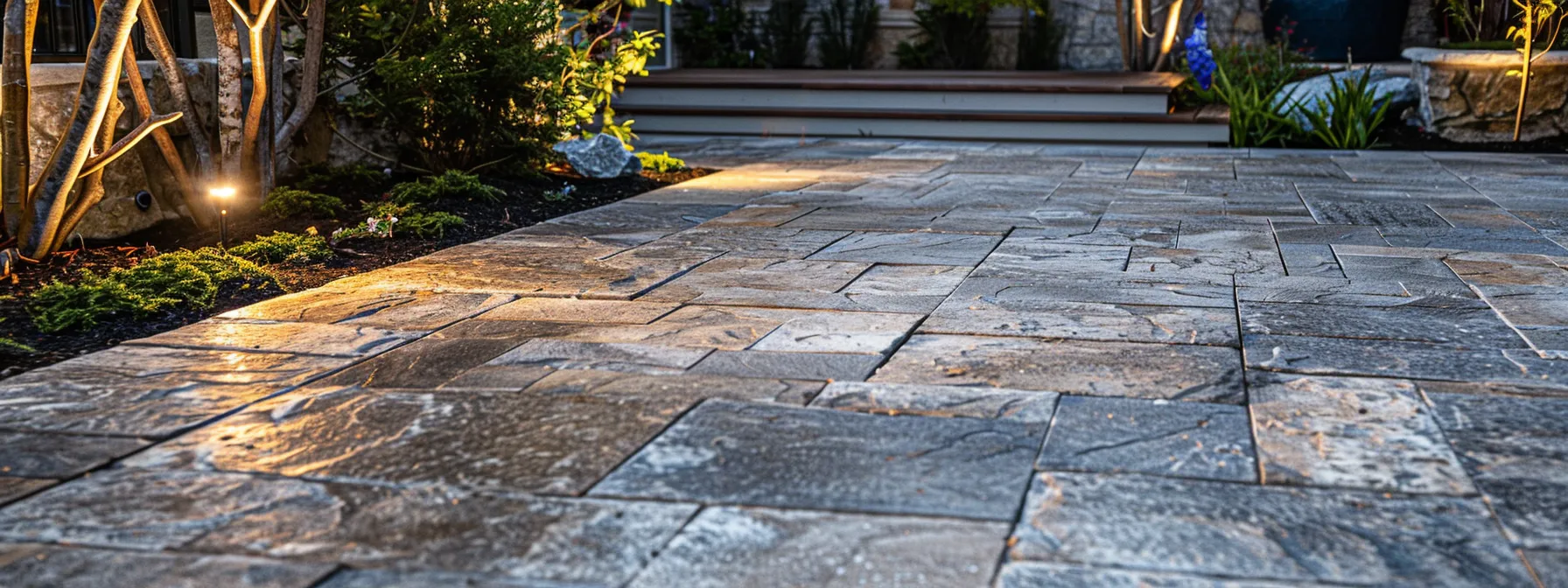 a skilled paver installer meticulously arranges a variety of textured stone pavers in an outdoor residential space, showcasing a stylish new patio design under warm ambient lighting in st. cloud, florida. a skilled paver installer meticulously arranges a variety of textured stone pavers in an outdoor residential space, showcasing a stylish new patio design under warm ambient lighting in st. cloud, florida.