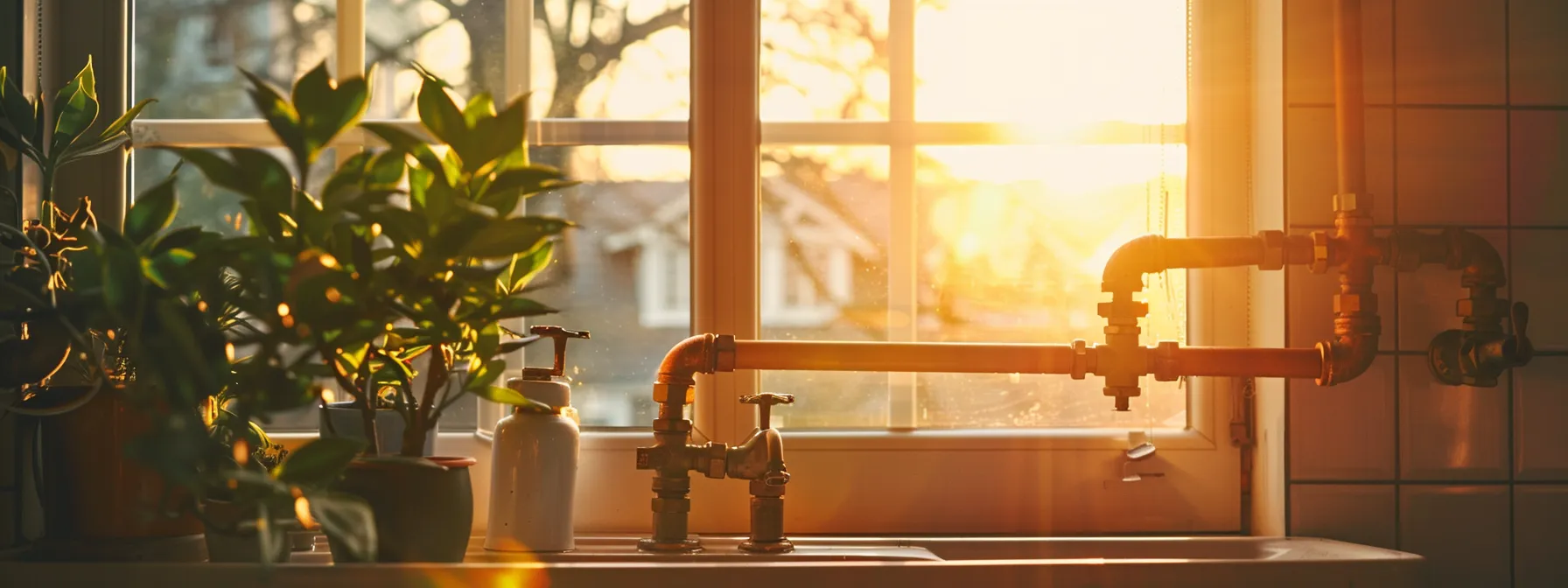 a skilled plumber expertly reroutes pipes in a modern home, showcasing the intricate plumbing system enhanced by professional assessment and meticulous attention to detail, illuminated by warm, natural light streaming through a nearby window.