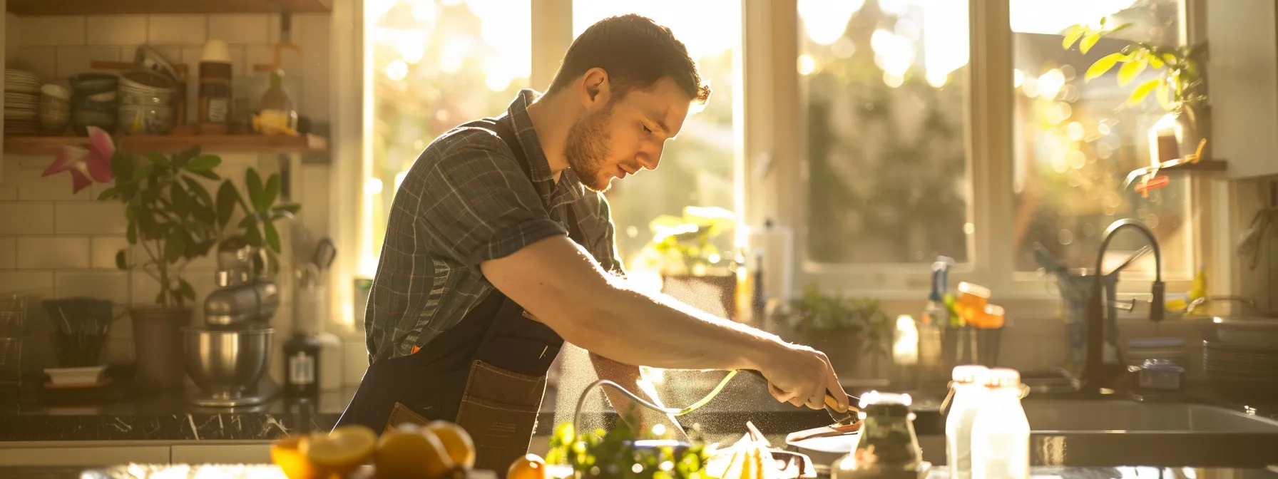 a skilled plumber, focused and determined, expertly replaces a vintage kitchen sink amid a bright, sunlit residential setting that highlights the warmth and care of home plumbing services.