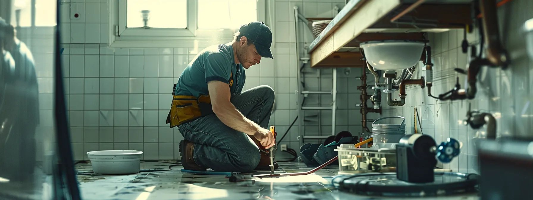 a skilled plumber responds urgently in a sleek, modern bathroom, expertly repairing a burst pipe amidst an array of professional tools, showcasing the essential action of emergency plumbing services in las vegas. a skilled plumber responds urgently in a sleek, modern bathroom, expertly repairing a burst pipe amidst an array of professional tools, showcasing the essential action of emergency plumbing services in las vegas.