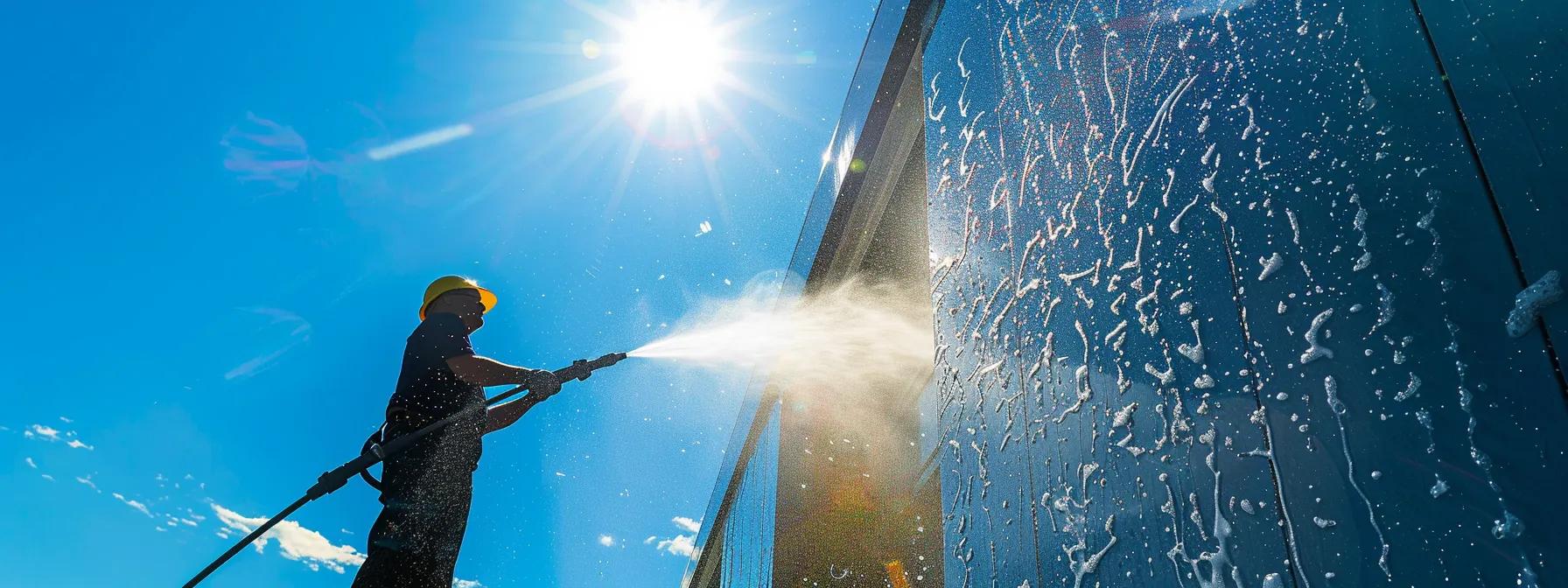 a skilled pressure washer, enveloped in a shimmering spray of water, meticulously cleans a vibrant storefront beneath a clear blue sky. a skilled pressure washer, enveloped in a shimmering spray of water, meticulously cleans a vibrant storefront beneath a clear blue sky.