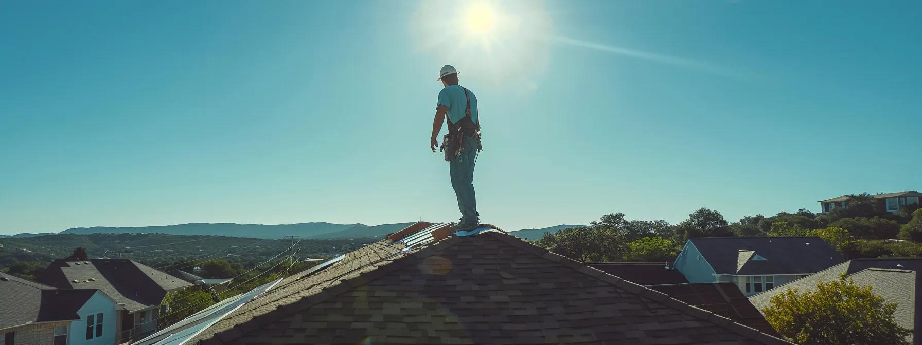 a skilled roofer confidently installs durable shingles on a sunlit san antonio residence, showcasing the modern roofing materials and professional craftsmanship against a clear blue sky. a skilled roofer confidently installs durable shingles on a sunlit san antonio residence, showcasing the modern roofing materials and professional craftsmanship against a clear blue sky.