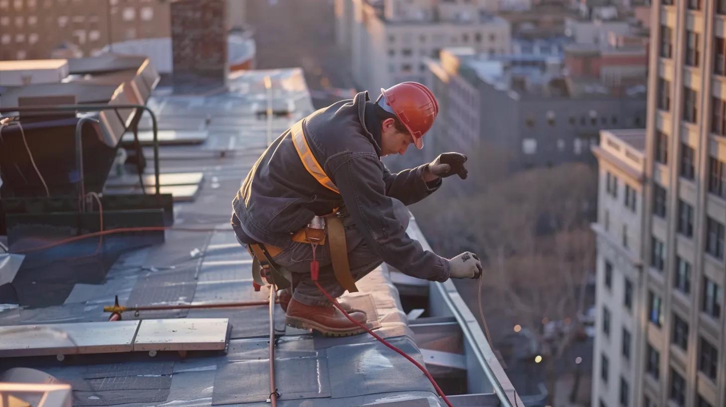 a skilled roofer inspects a series of flashing and vents on a commercial rooftop, emphasizing the meticulous attention to detail required for effective waterproofing and compliance.