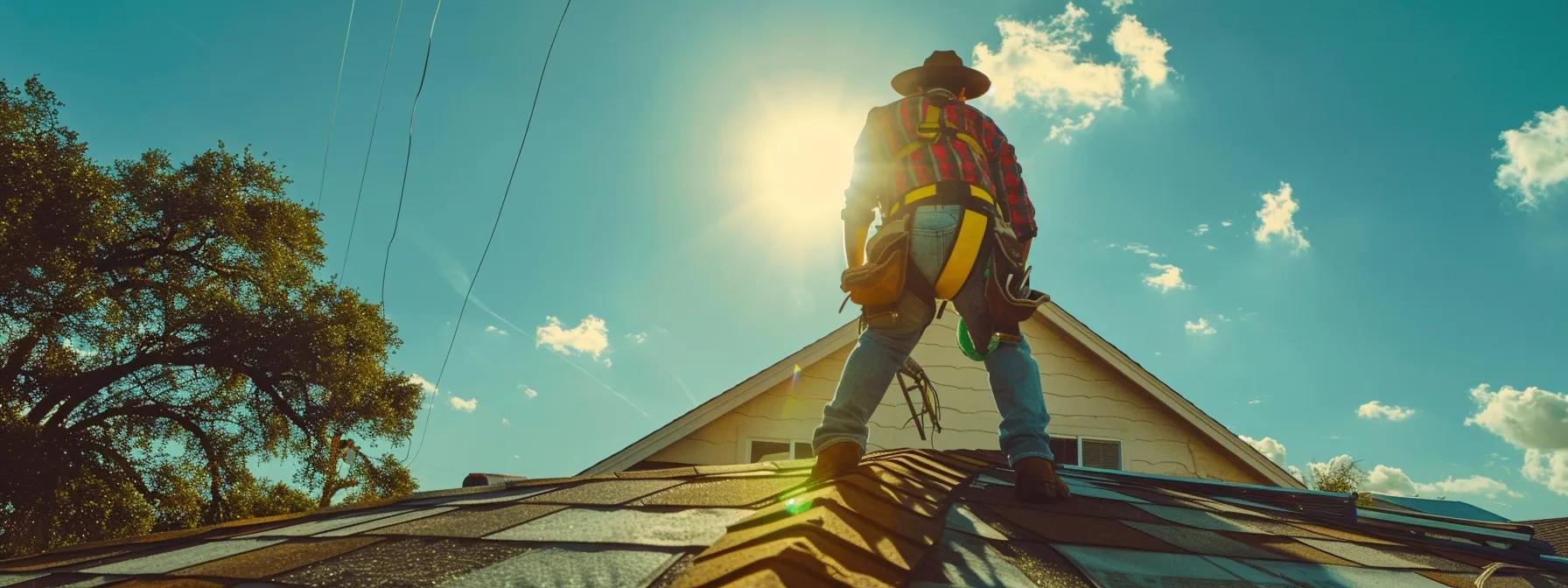 a skilled roofer meticulously installing high-quality shingles on a sunlit san antonio residential roof, showcasing precision tools and safety gear against a backdrop of clear blue skies and the vibrant architecture of the neighborhood. a skilled roofer meticulously installing high-quality shingles on a sunlit san antonio residential roof, showcasing precision tools and safety gear against a backdrop of clear blue skies and the vibrant architecture of the neighborhood.