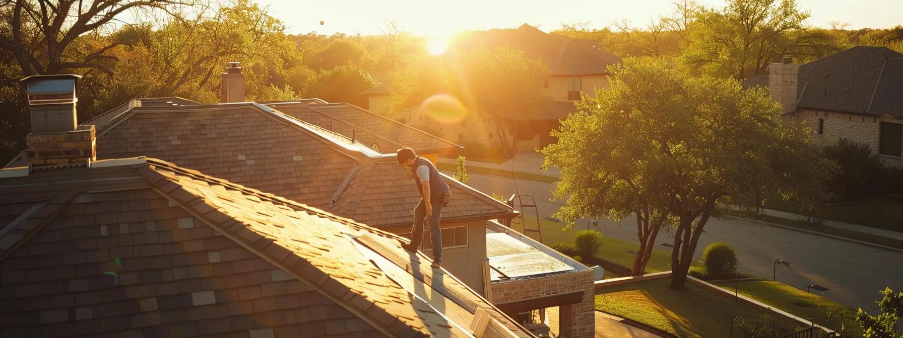 a skilled roofer meticulously installing sleek, durable shingles on a modern residential roof in bright sunlight, showcasing precise craftsmanship and quality materials against a vibrant texas backdrop. a skilled roofer meticulously installing sleek, durable shingles on a modern residential roof in bright sunlight, showcasing precise craftsmanship and quality materials against a vibrant texas backdrop.