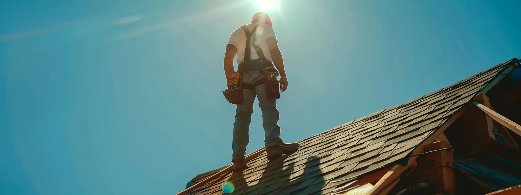 a skilled roofer meticulously installs high-quality shingles on a sunlit residential roof in san antonio, showcasing vibrant materials and professional tools amidst a backdrop of a clear blue sky. a skilled roofer meticulously installs high-quality shingles on a sunlit residential roof in san antonio, showcasing vibrant materials and professional tools amidst a backdrop of a clear blue sky.
