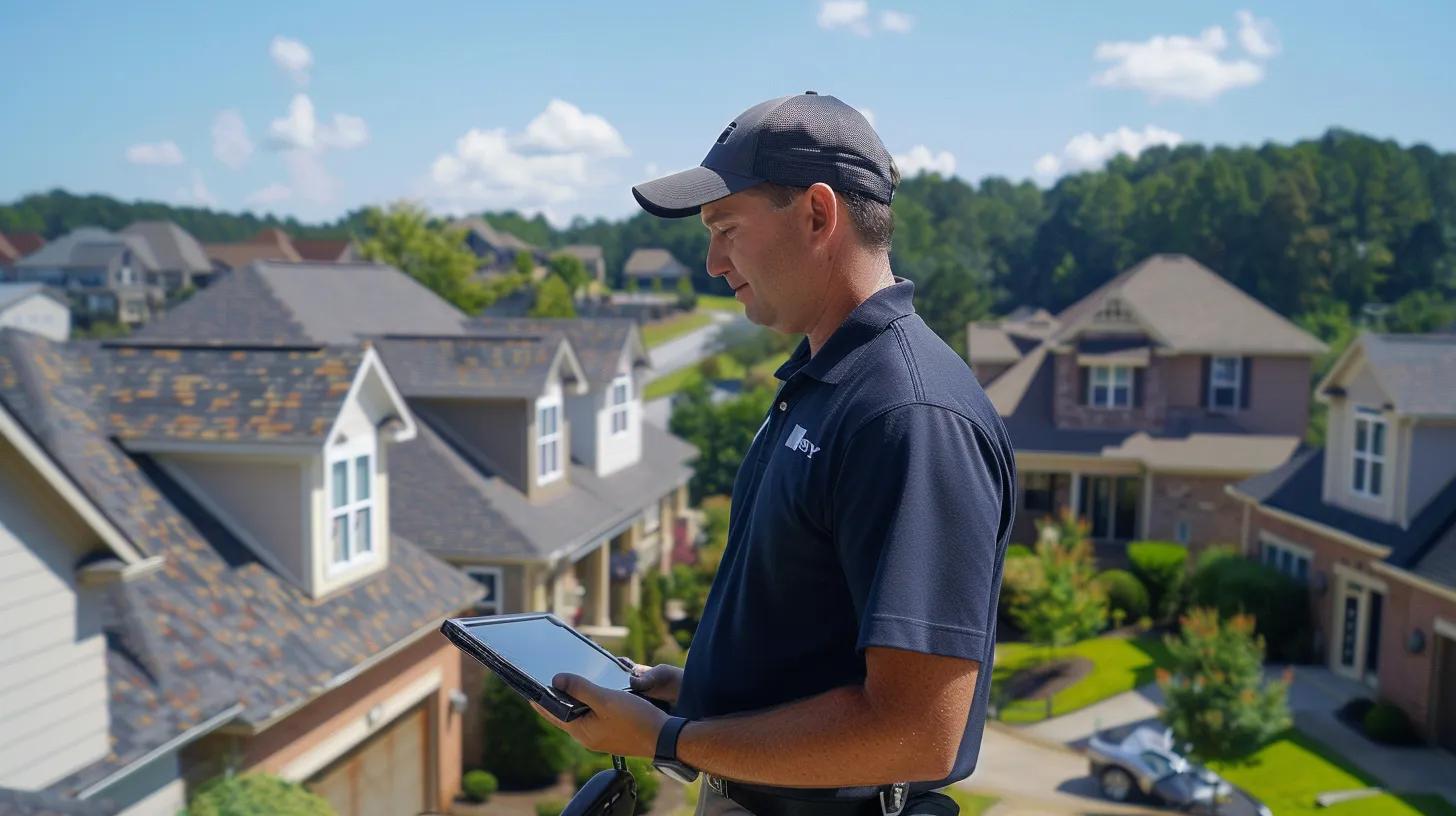 a skilled roofing expert inspects a residential roof in a suburban johns creek neighborhood, showcasing the detailed assessment process under a clear blue sky amidst well-maintained houses, highlighting the professionalism and expertise of capital city roofing. a skilled roofing expert inspects a residential roof in a suburban johns creek neighborhood, showcasing the detailed assessment process under a clear blue sky amidst well-maintained houses, highlighting the professionalism and expertise of capital city roofing.