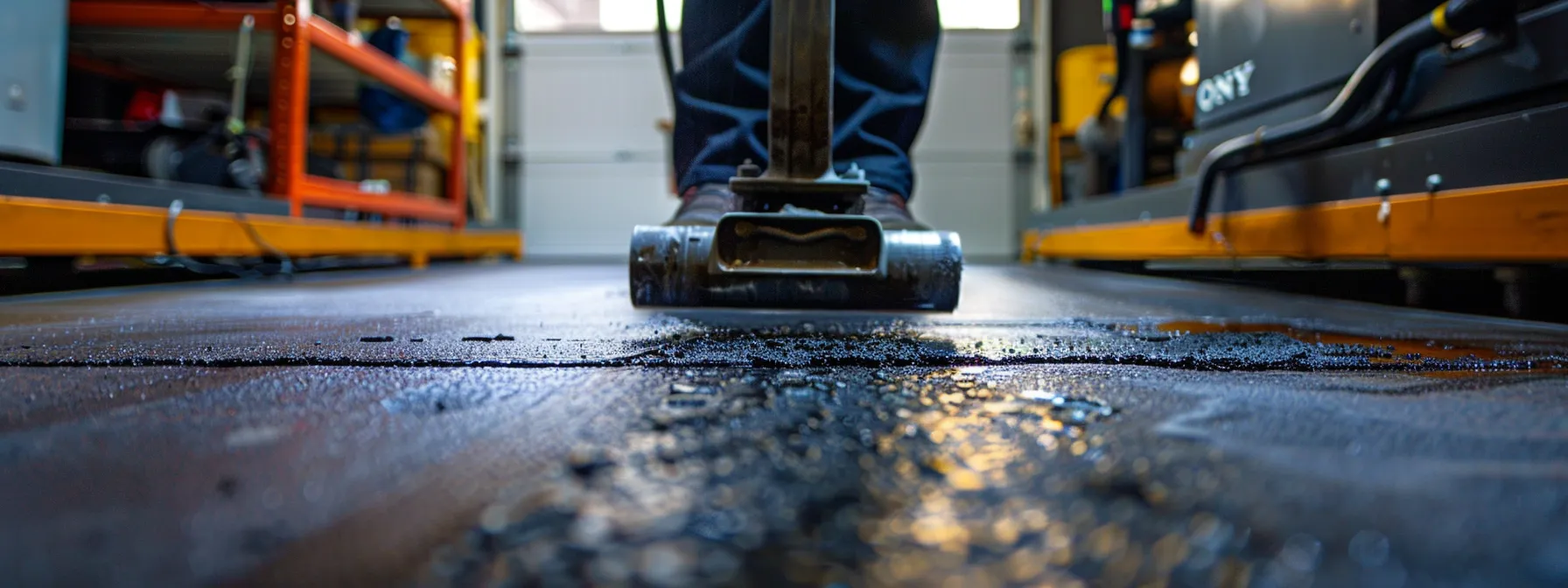 a skilled technician applies a precision crack sealing solution on a well-worn asphalt driveway, surrounded by tools and equipment in a bustling urban repair workshop, highlighting the focus on quality and expertise in pavement maintenance.