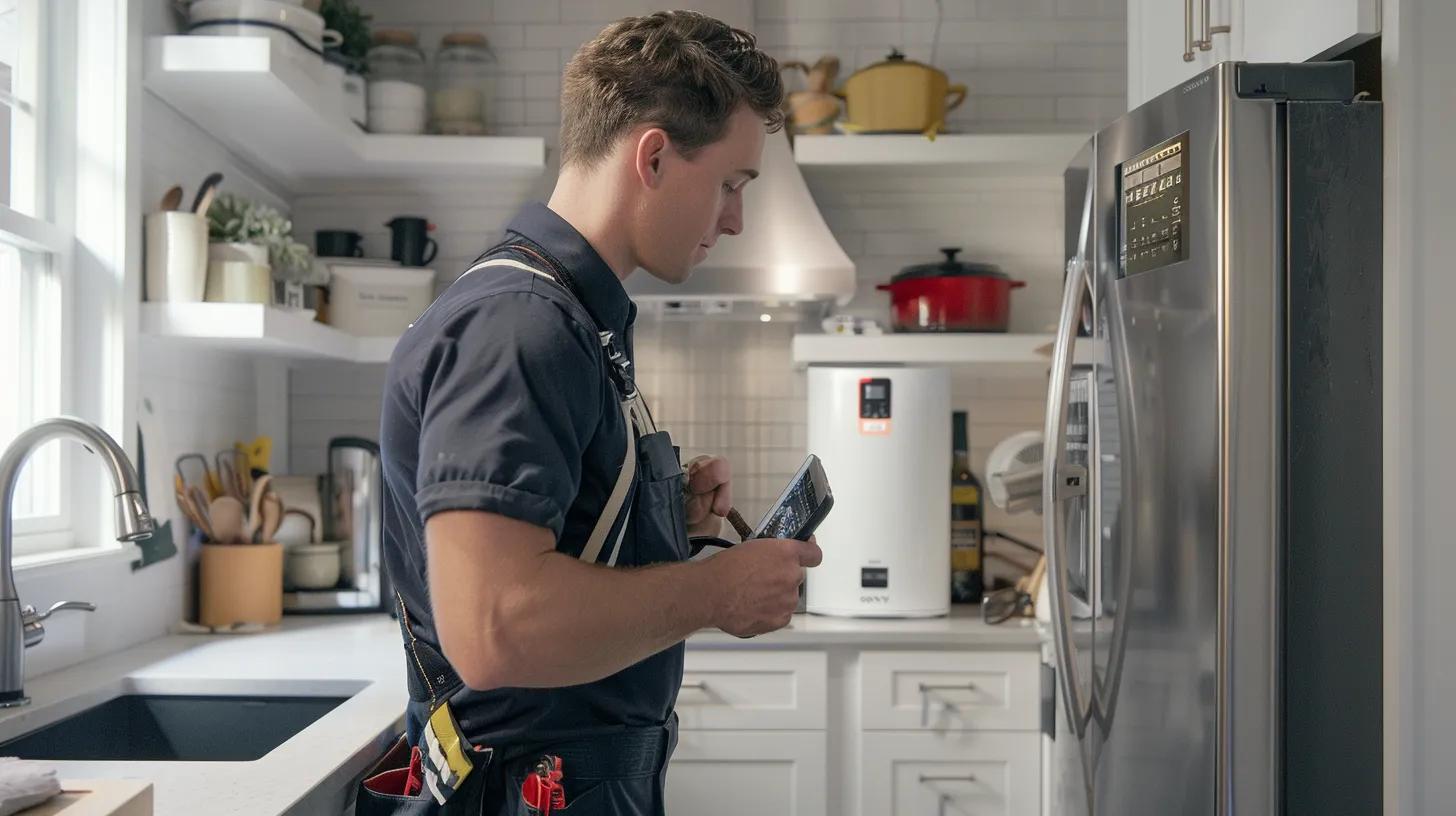 a skilled technician in uniform inspects a sleek, modern tankless water heater installation in a bright, organized kitchen, showcasing the importance of professional installation for optimal performance and safety. a skilled technician in uniform inspects a sleek, modern tankless water heater installation in a bright, organized kitchen, showcasing the importance of professional installation for optimal performance and safety.