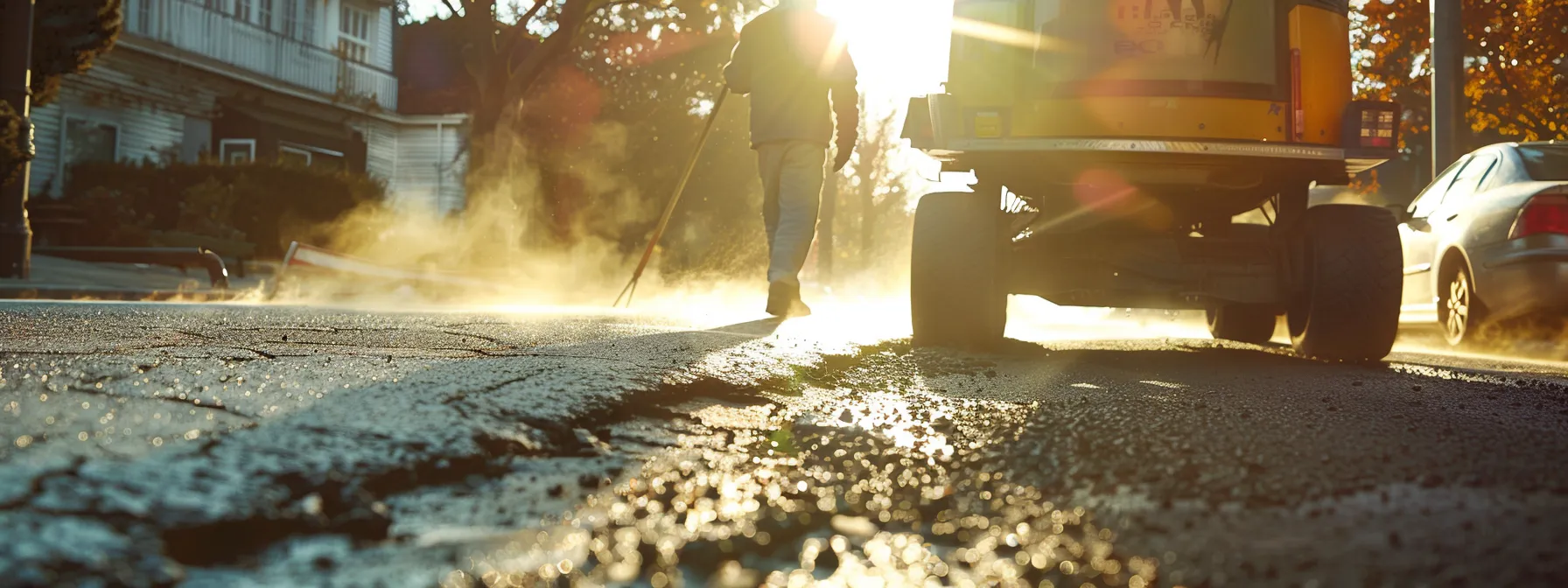 a skilled technician meticulously applies asphalt filler to a freshly prepared crack on a sunlit urban driveway, surrounded by specialized equipment and tools that emphasize precision and professionalism in maintenance.