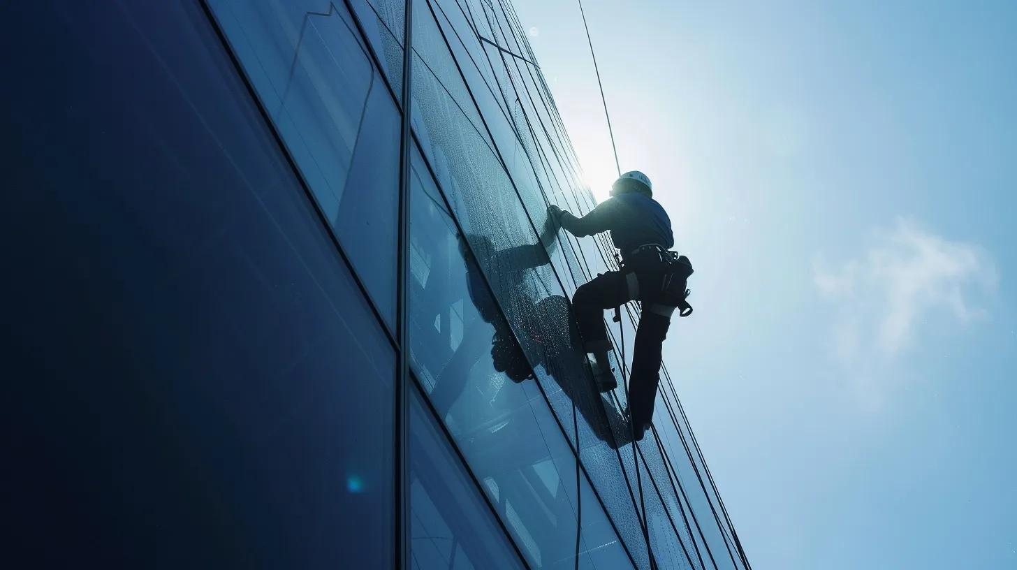 a skilled window cleaning professional, equipped with high-quality tools and eco-friendly solutions, meticulously cleans the sparkling glass exterior of a sleek urban high-rise, capturing the essence of specialized expertise and attention to detail. a skilled window cleaning professional, equipped with high-quality tools and eco-friendly solutions, meticulously cleans the sparkling glass exterior of a sleek urban high-rise, capturing the essence of specialized expertise and attention to detail.