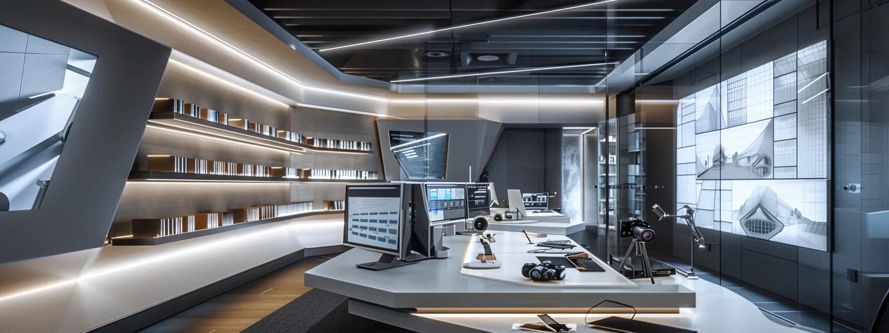 a sleek and innovative office space features dynamic architectural models and digital design screens, showcasing modern techniques in architectural design, illuminated by soft artificial lighting that highlights the contemporary aesthetic.