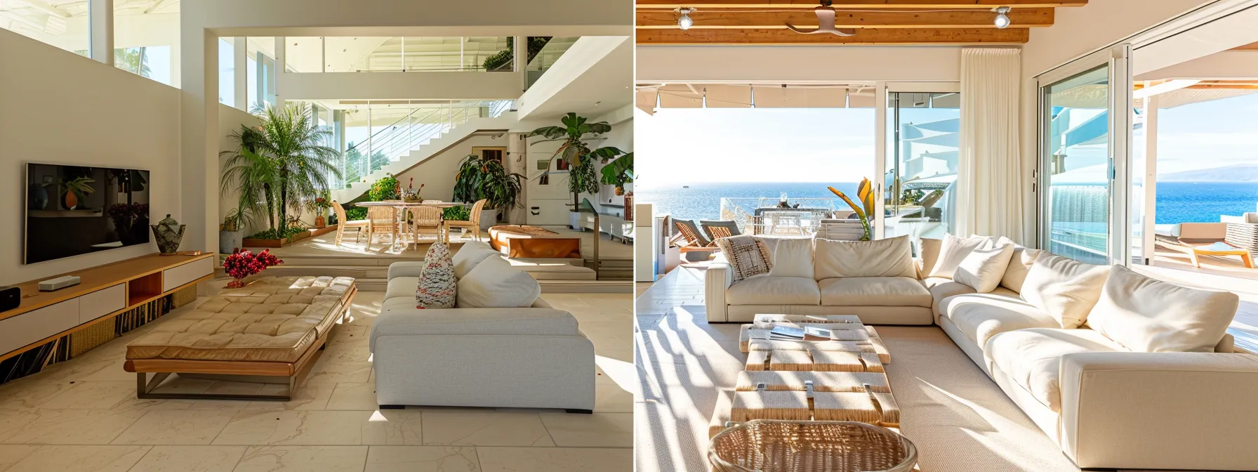 a sleek and inviting luxury coastal airbnb interior showcases bright, modern furniture and chic decor, perfectly arranged for an upscale marketing shot, with the ambiance exuding a peaceful holiday vibe ideal for attracting discerning guests.