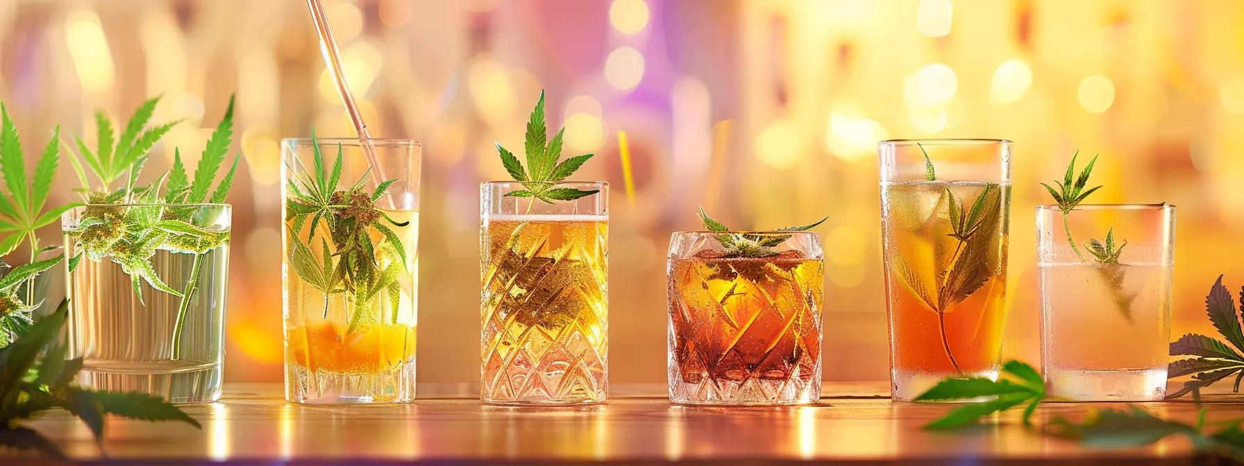 a sleek and modern bar setting, featuring elegantly arranged thc-infused seltzers in stylish glassware, with a warm, inviting ambiance that conveys a sense of thoughtfulness and social relaxation for beginners exploring the world of cannabis beverages. a sleek and modern bar setting, featuring elegantly arranged thc-infused seltzers in stylish glassware, with a warm, inviting ambiance that conveys a sense of thoughtfulness and social relaxation for beginners exploring the world of cannabis beverages.