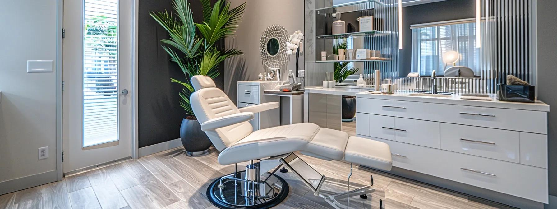 a sleek and modern beauty salon interior showcases a well-lit eyelash lift station, featuring an aesthetic mirror, plush reclining chair, and elegant decor, reflecting the inviting atmosphere for clients seeking lash enhancement treatments.