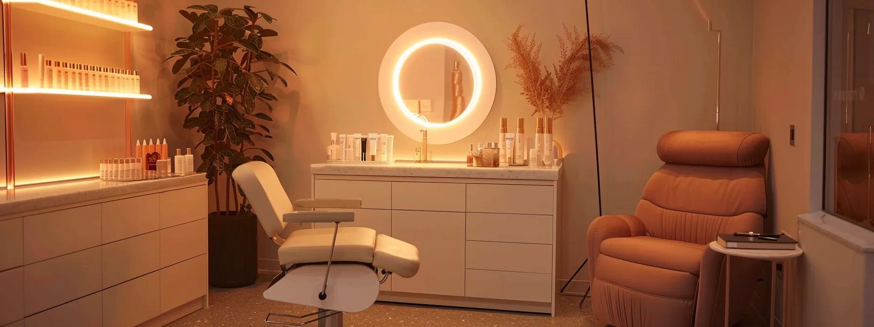 a sleek and modern beauty studio interior, illuminated with warm, soft lighting, features a pristine lash lift station complete with an elegant mirror, luxurious skincare products, and a plush chair, emphasizing a sense of preparation and sophistication for an upcoming lash lift appointment.